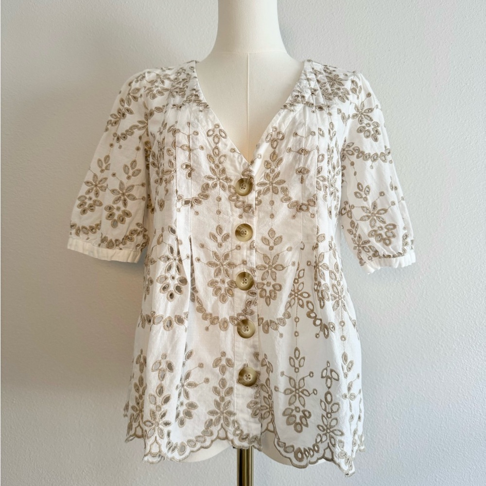 Anthropologie Feather Bone Medina eyelet embroidered cap sleeve Top Sz 6
